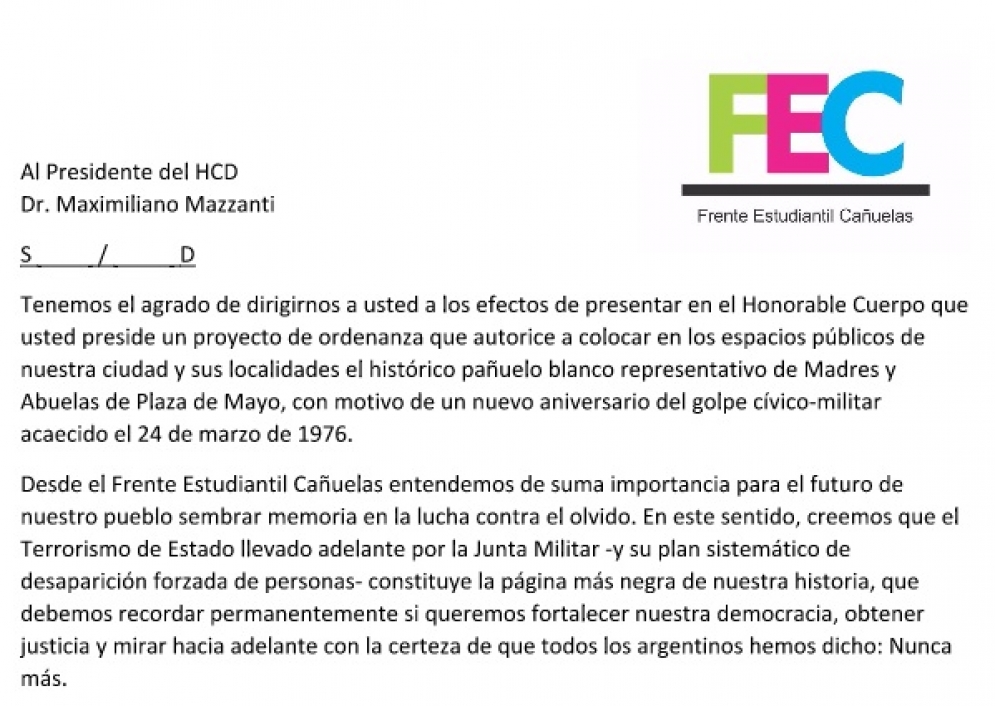 El FEC presentó un proyecto para pintar el pañuelo de las Madres de Plaza de Mayo en espacios públicos